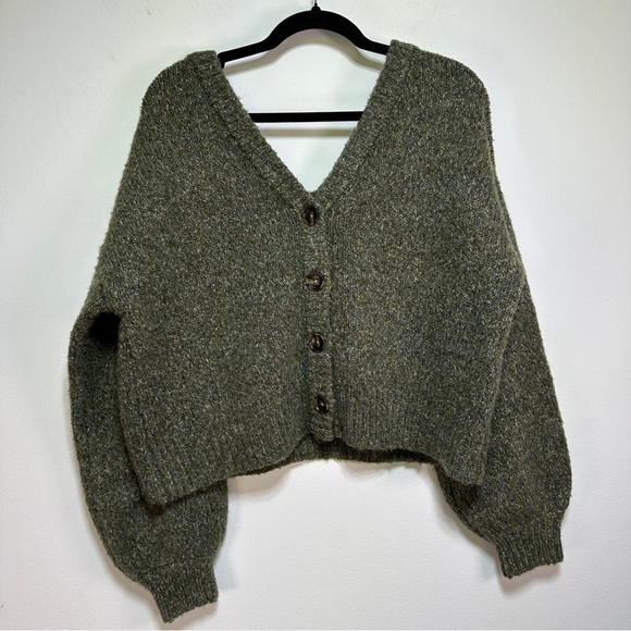 Olive Heather Cropped Reversible Sweater | Balloon Sleeves Wool Blend | Size L - Picture 2 of 8